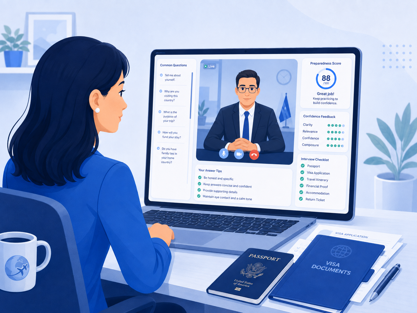 Applicant practicing a realistic visa interview online